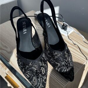 Black Embroidered Lace Heels